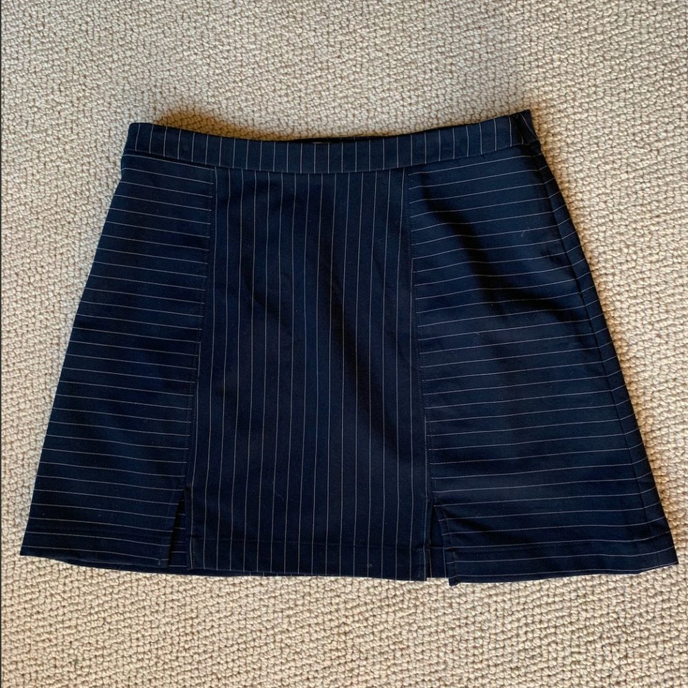 UO Pinstripe Woven Notched Navy Mini Skirt